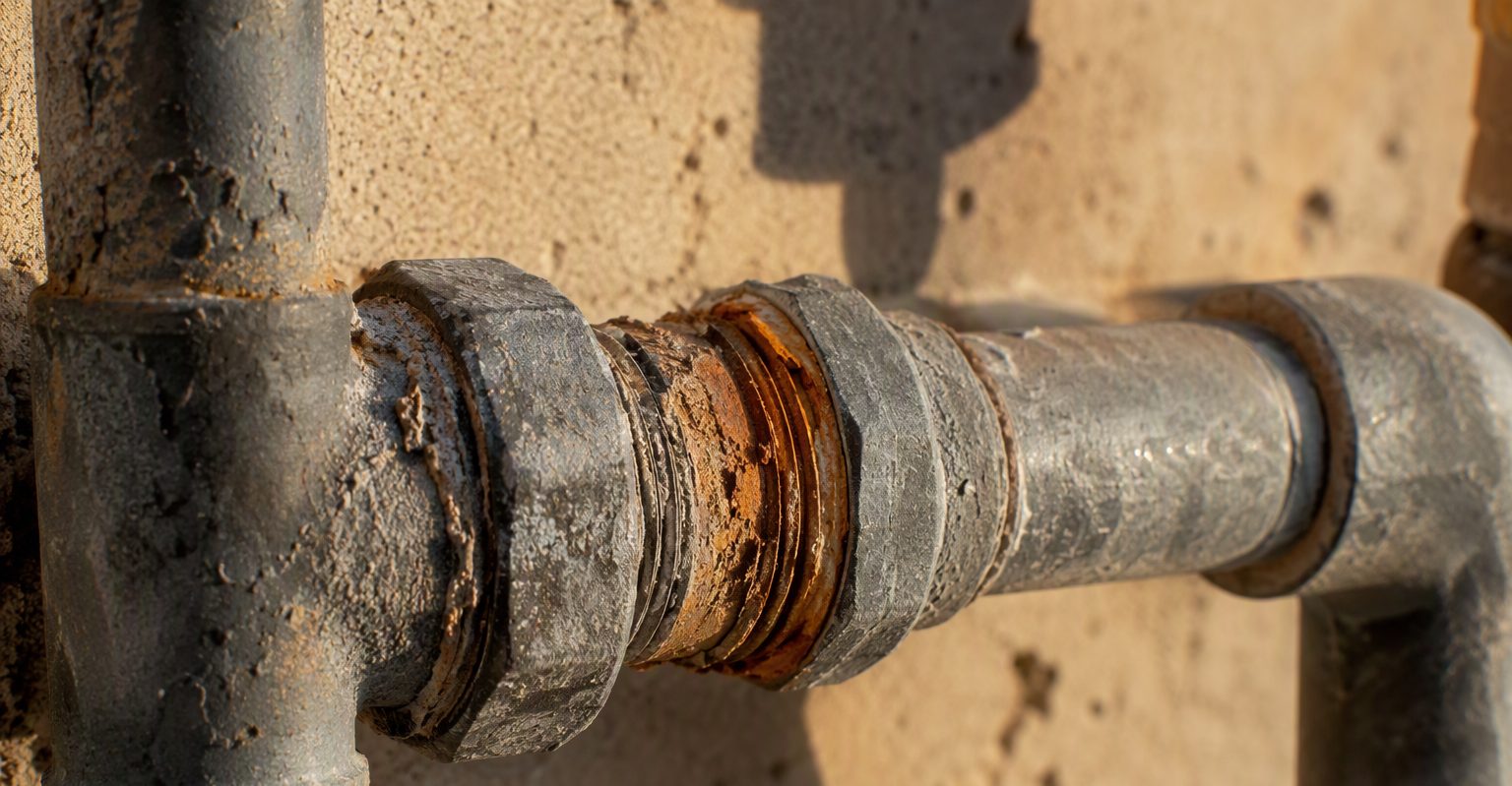 Corroded galvanized pipe section held beside a newer copper line over a workbench
