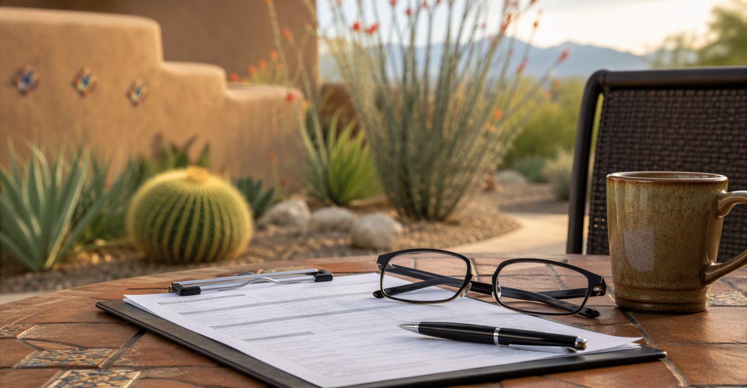 Clipboard with claim paperwork, a pen, and reading glasses on a sunlit kitchen counter