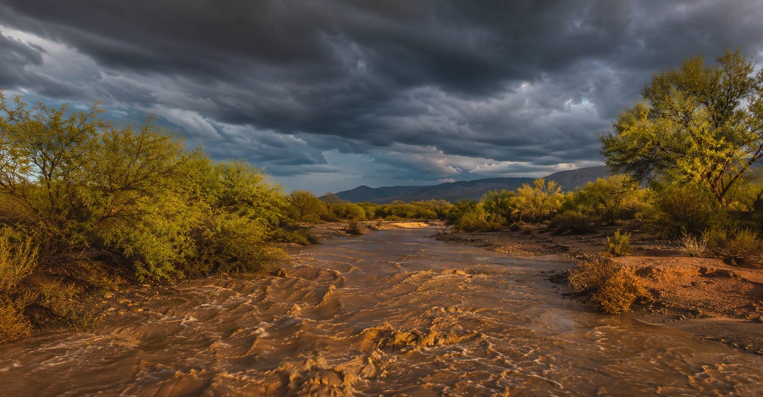 Storm runoff sheeting across a desert wash road toward a river corridor, dark monsoon clouds overhead