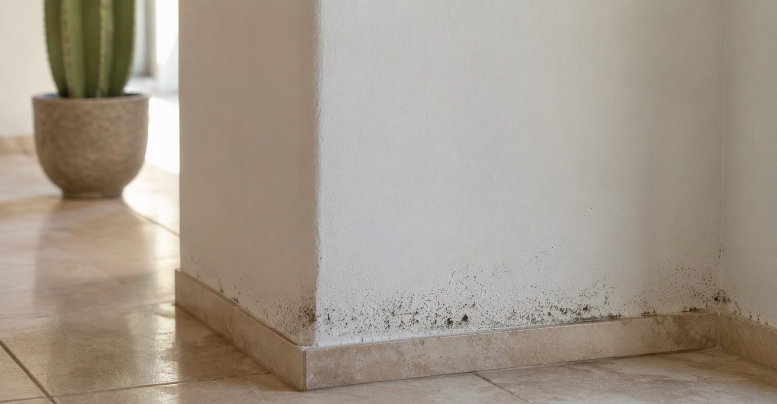Baseboard corner of a cream wall with subtle dark spotting just above the floor line