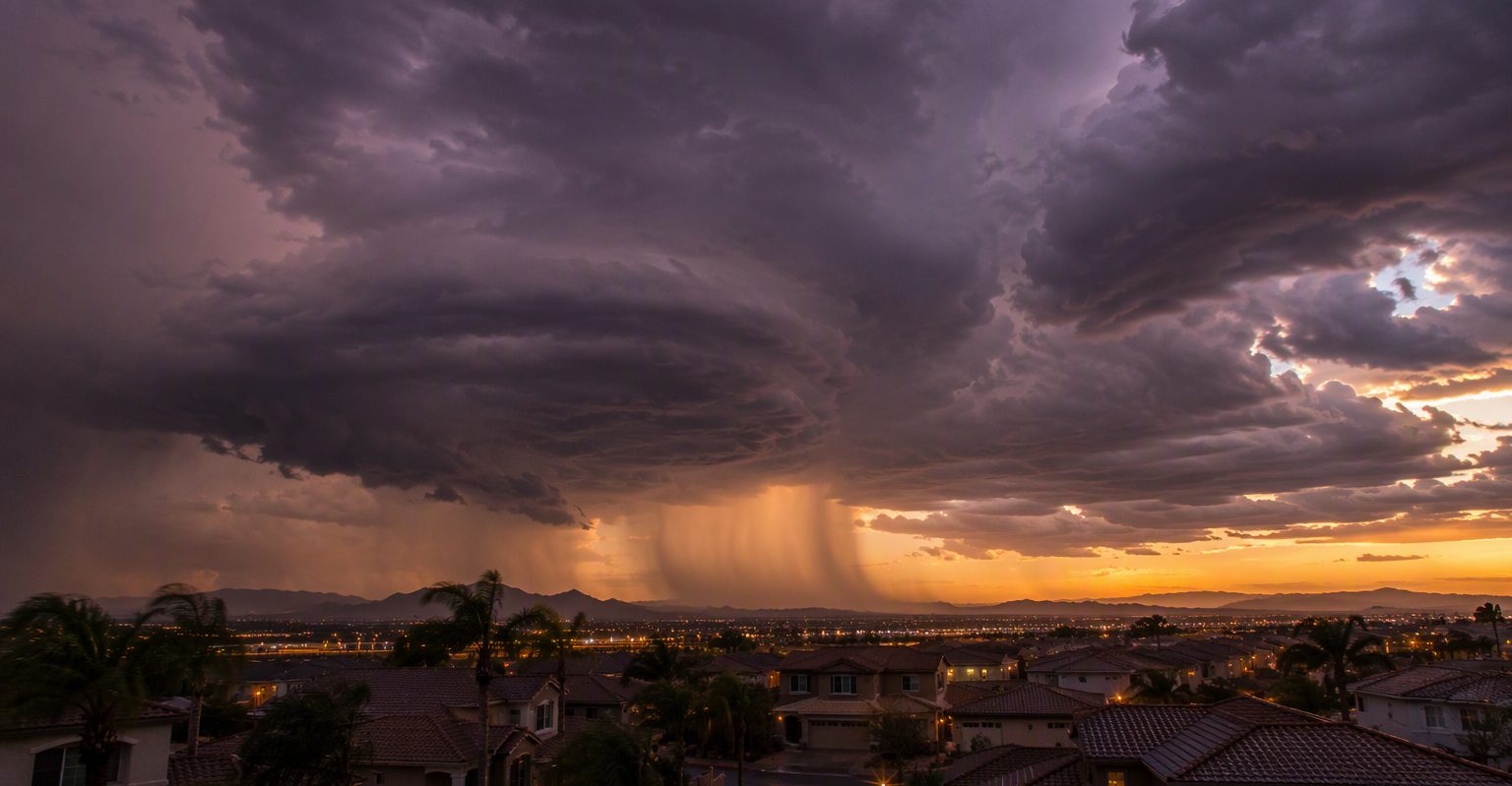 Towering monsoon supercell building over a quiet desert subdivision at dusk